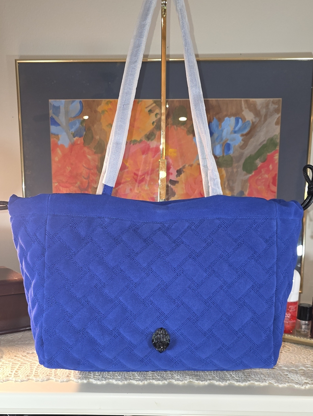Kurt Geiger Blue Quilted Leather Suede Tote Bag Double Handle Shoulder Bag Soft - Picture 2 of 14
